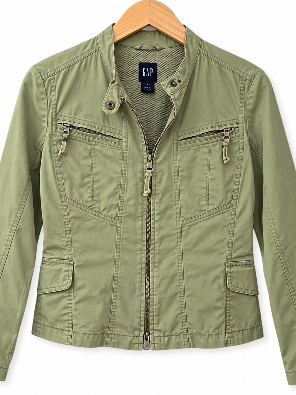 Gap Womenās Sage Green Utility Moto Jacket Cotton Stretch Size M